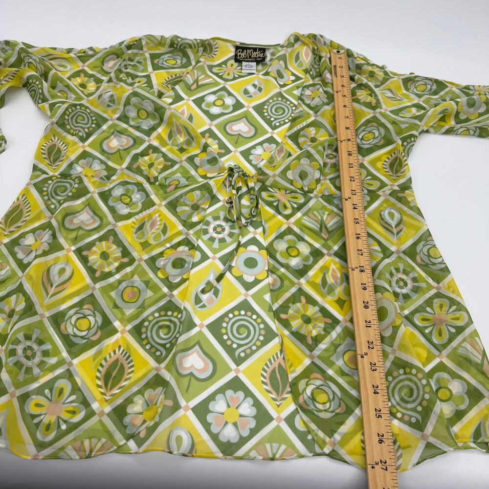 BOB MACKIE Art To Wear Silk Sheer Layer Sz L Tie Front 3/4 Flutter Sleeve Kimono - Picture 10 of 10